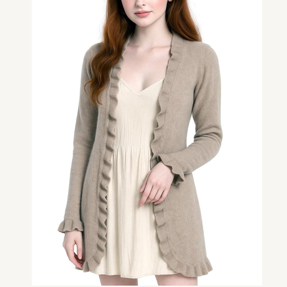 Margaret O'leary Cardigan Sweater Womens S Tan Ruffle Midi Cashmere Boho FLAWS